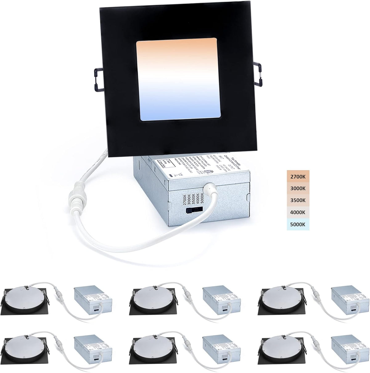 4-inch LED Canless Recessed Slim-Downlight, 5 CCT Adjustable Dimmable, 2700-5000K, 9W, Black Square Finish, 6 Pack L17153