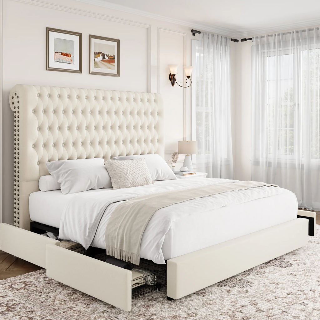 Queen Size Upholstered Storage Bed with Tall Headboard and Drawers C147727