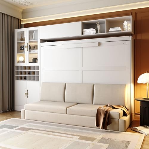 Queen Murphy Bed with Couch and Storage Shelves, Charging Station, LED Light, Wood Foldable Wall Bed Cabinet with Sofa and Storage Cabinet, Bookcase, Wine Rack (White) D3297