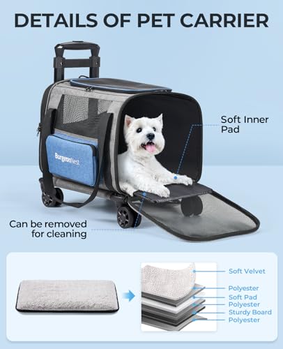 Cat Carrier with Wheels, Airline Approved Pet Carrier for Cats Dogs 15 lbs with Telescopic Handle, Small Dog Carrier with Wheels Removable, Soft Rolling Cat Carrier with Large Pocket N4161