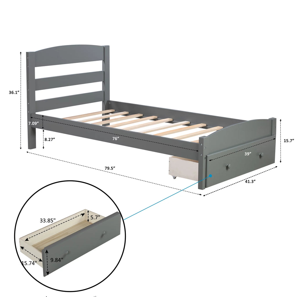 White Pine Wood Twin Bed with Storage Drawer G58159