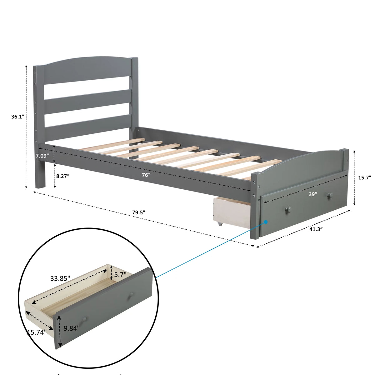 White Pine Wood Twin Bed with Storage Drawer G58159