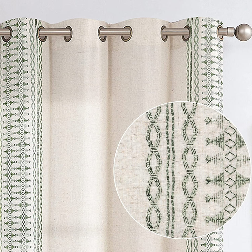 Sage on Beige Semi Sheer Linen Curtains 84 Inch Grommet 2 Panels L891606