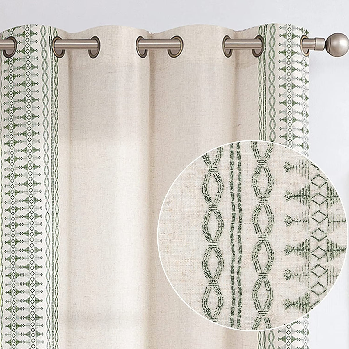 Sage on Beige Semi Sheer Linen Curtains 84 Inch Grommet 2 Panels L891606