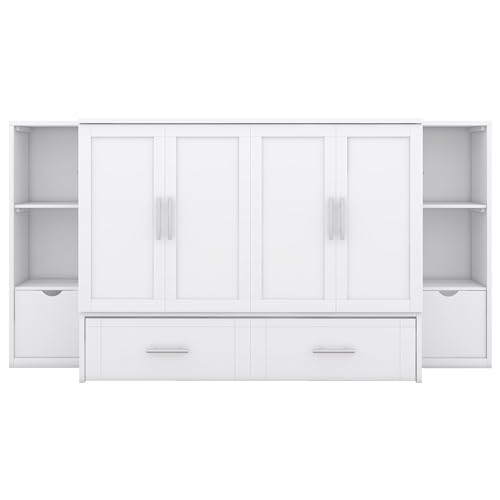 White Solid Wood Murphy Wall Bed with Storage and Bookcase Headboard O17398