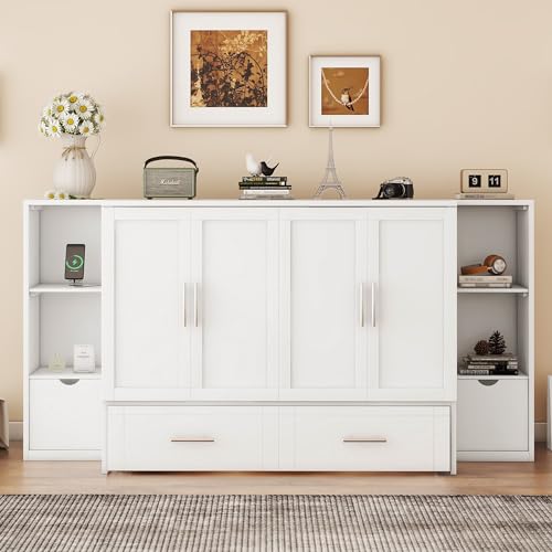 White Solid Wood Murphy Wall Bed with Storage and Bookcase Headboard O17398