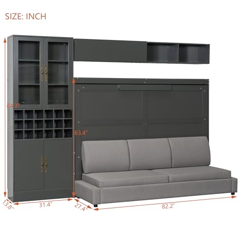 Queen Murphy Bed with Couch and Storage Shelves, Charging Station, LED Light, Wood Foldable Wall Bed Cabinet with Sofa and Storage Cabinet, Bookcase, Wine Rack (White) D3297