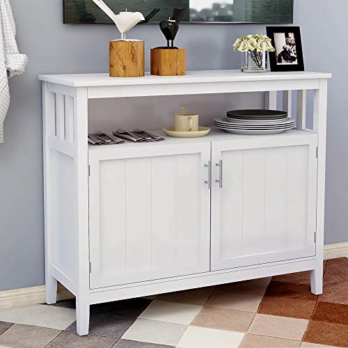 White Solid Wood Buffet Table with 2 Doors and Shelves S823992