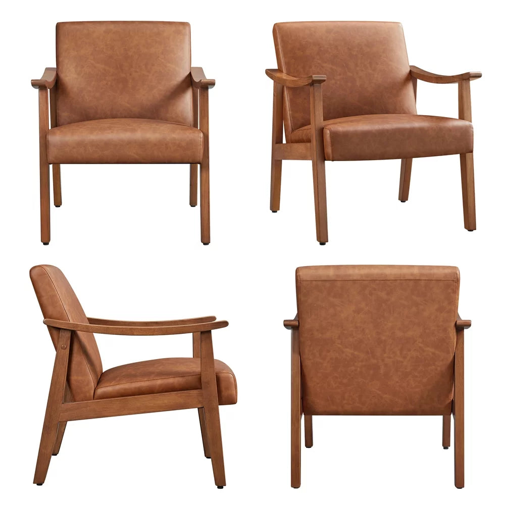 Light Brown Faux Leather Armchair with Solid Wood Legs A4135
