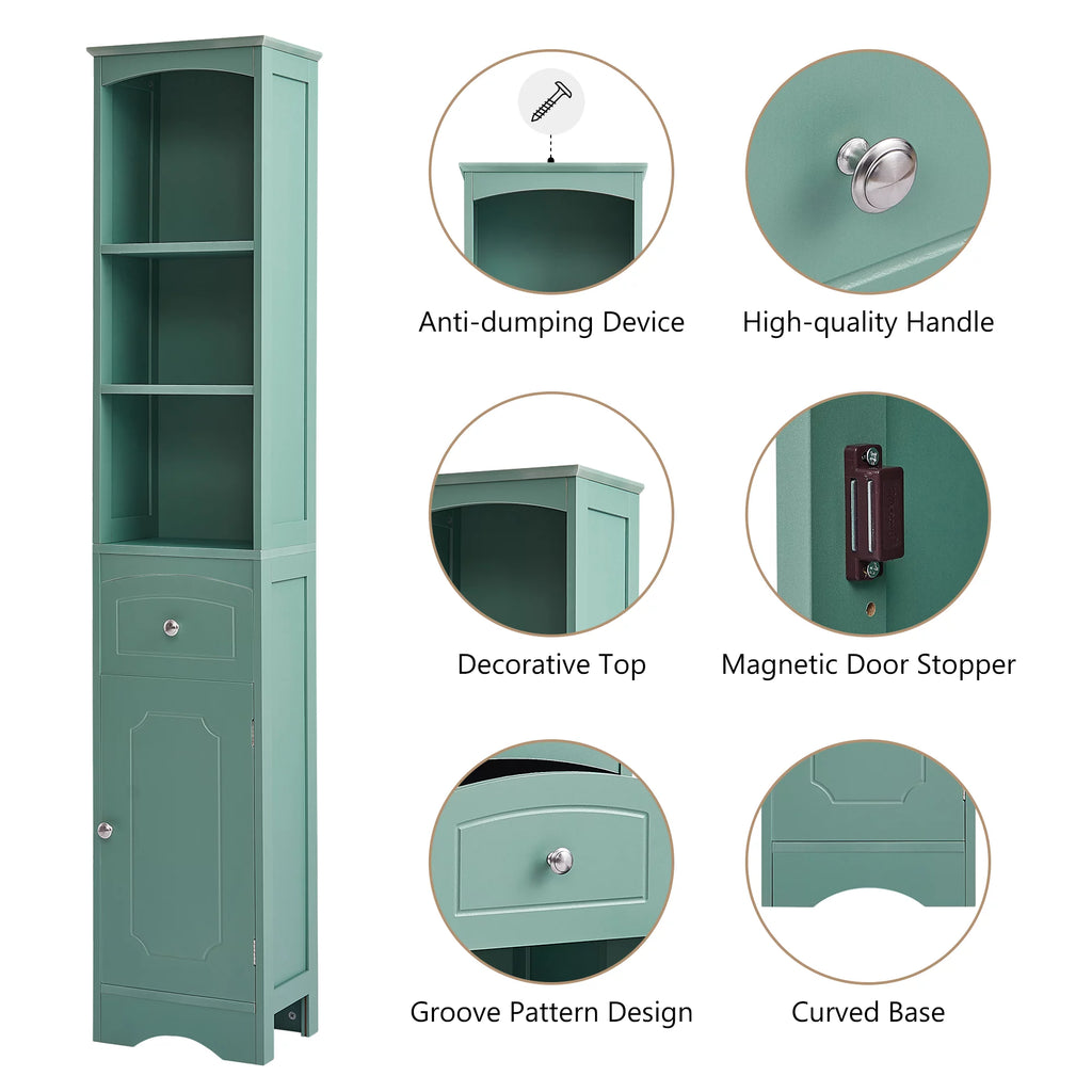 Tall Green MDF Bathroom Storage Cabinet with Drawer T1182
