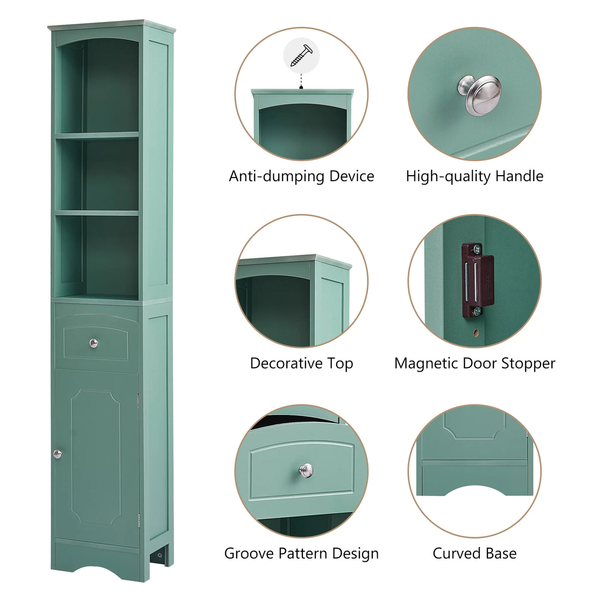 Tall Green MDF Bathroom Storage Cabinet with Drawer T1182