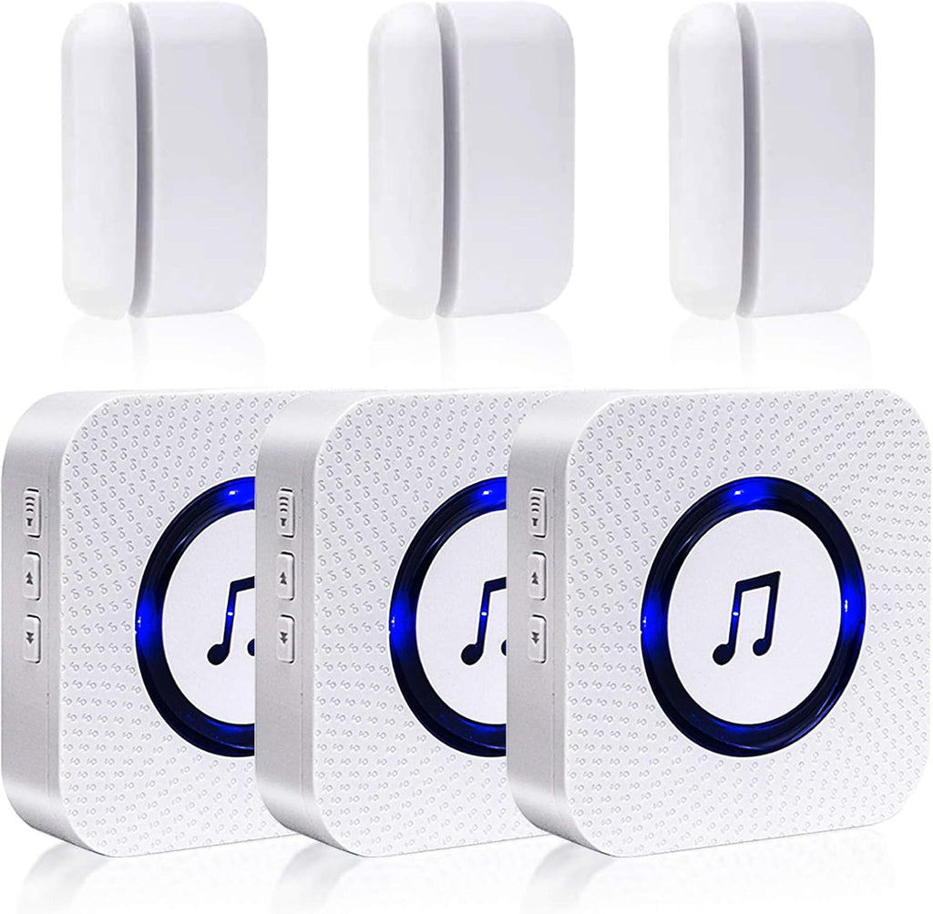 Wireless Door Open Chime with 55 Chimes 5 Adjustable Volume Mute Mode, 3 Receiver 3 Magnetic Door Window Sensor, Pack of 2 B382