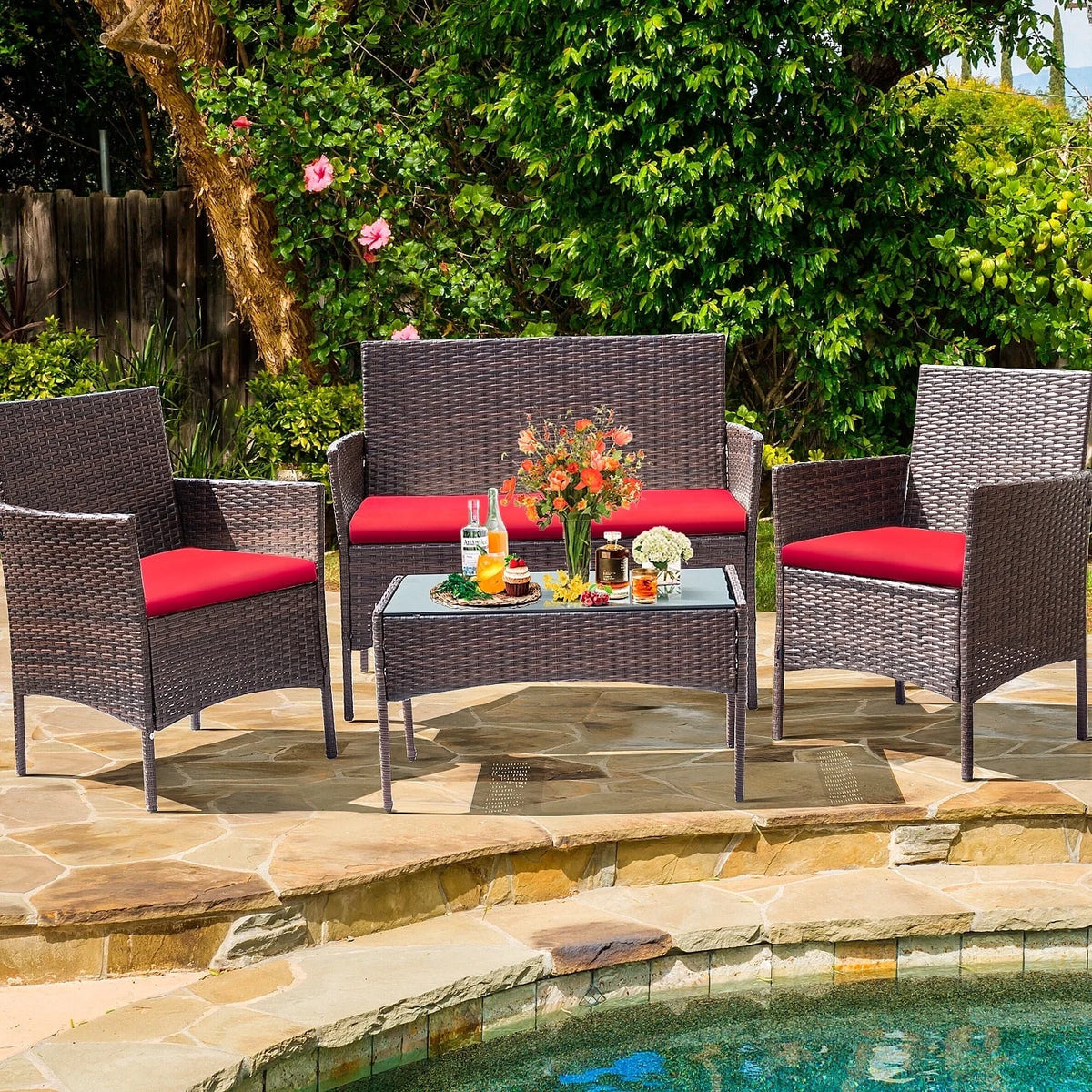 4 Piece PE Rattan Wicker Patio Table and Chairs Set with Cushions J6159