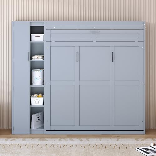 White Solid Wood Murphy Wall Bed with Storage and Bookcase Headboard O17398