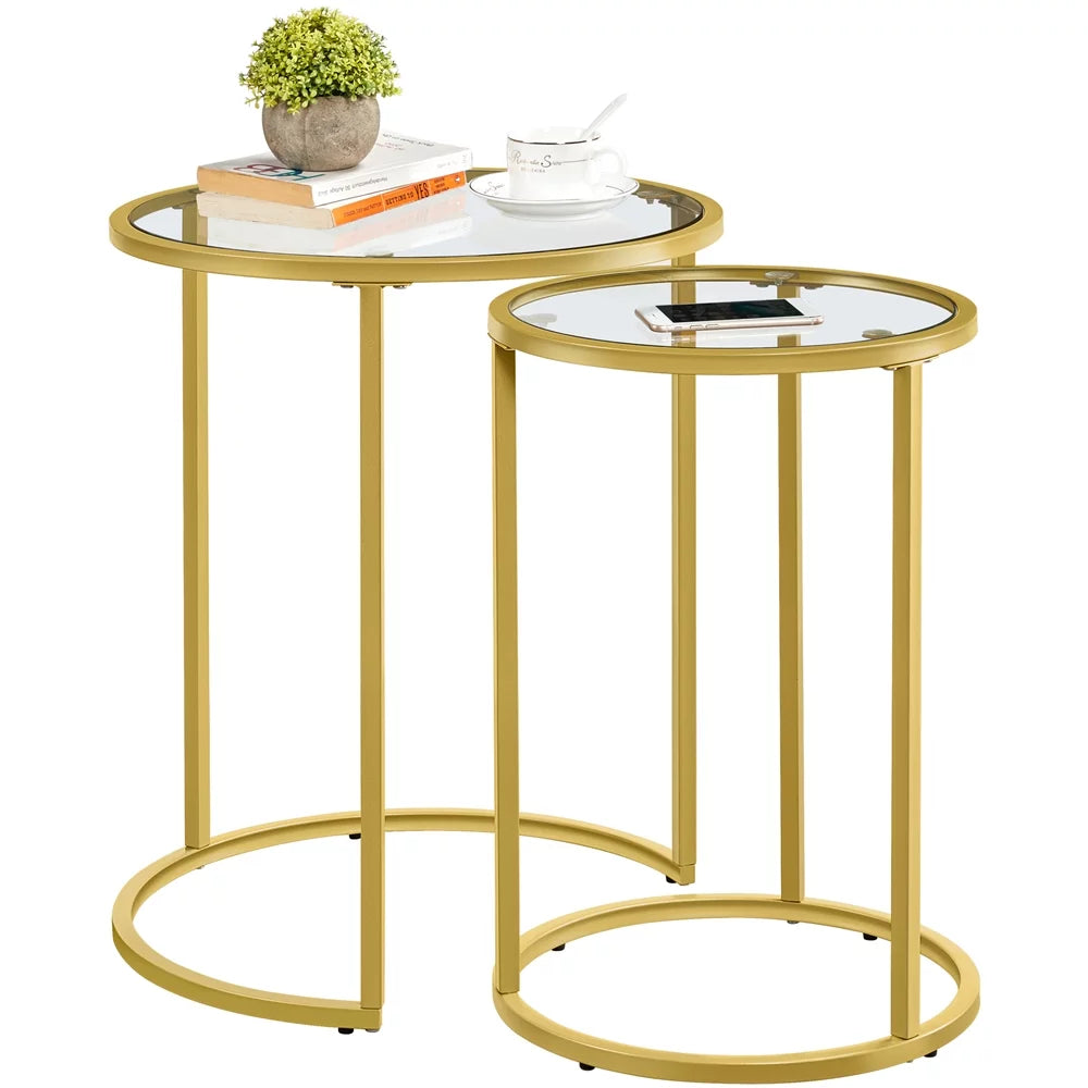 Round Nesting End Table Set with Metal Frame and Glass Top B479