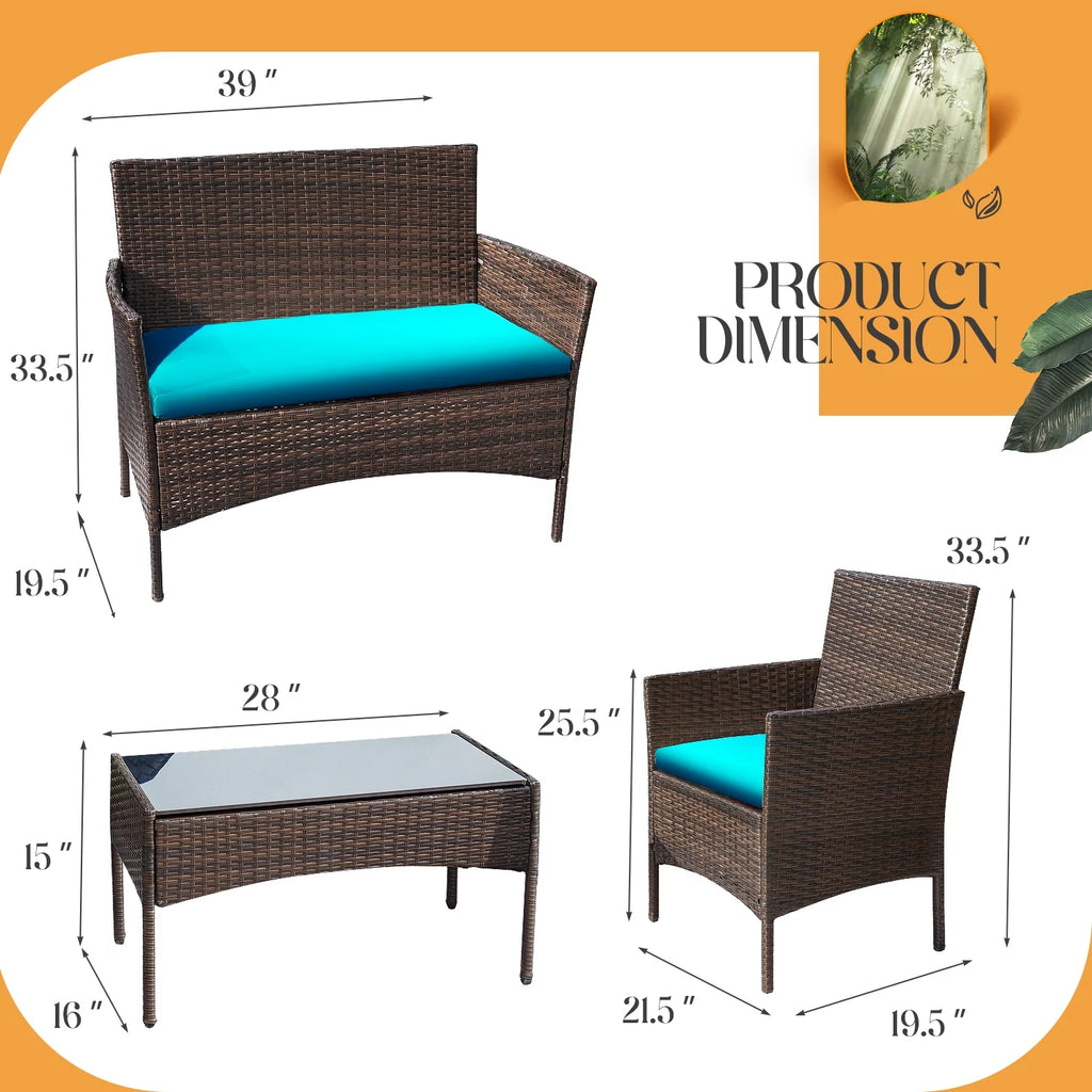 4 Piece PE Rattan Wicker Patio Table and Chairs Set with Cushions J6159