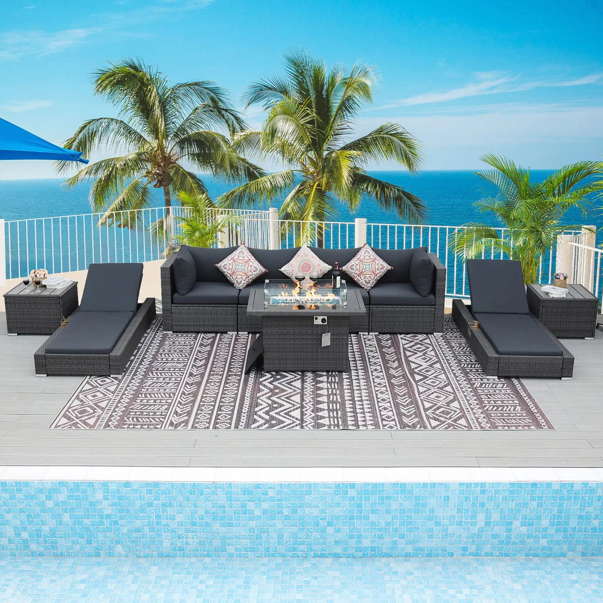 9 Piece Wicker Rattan Patio Sofa Set with Fire Pit Table Q5033