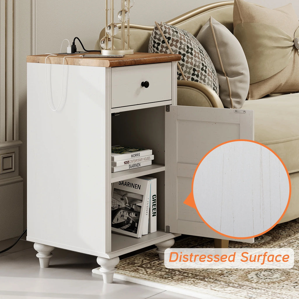 Off-White Wood Nightstand with Drawer and Charging Station B8873