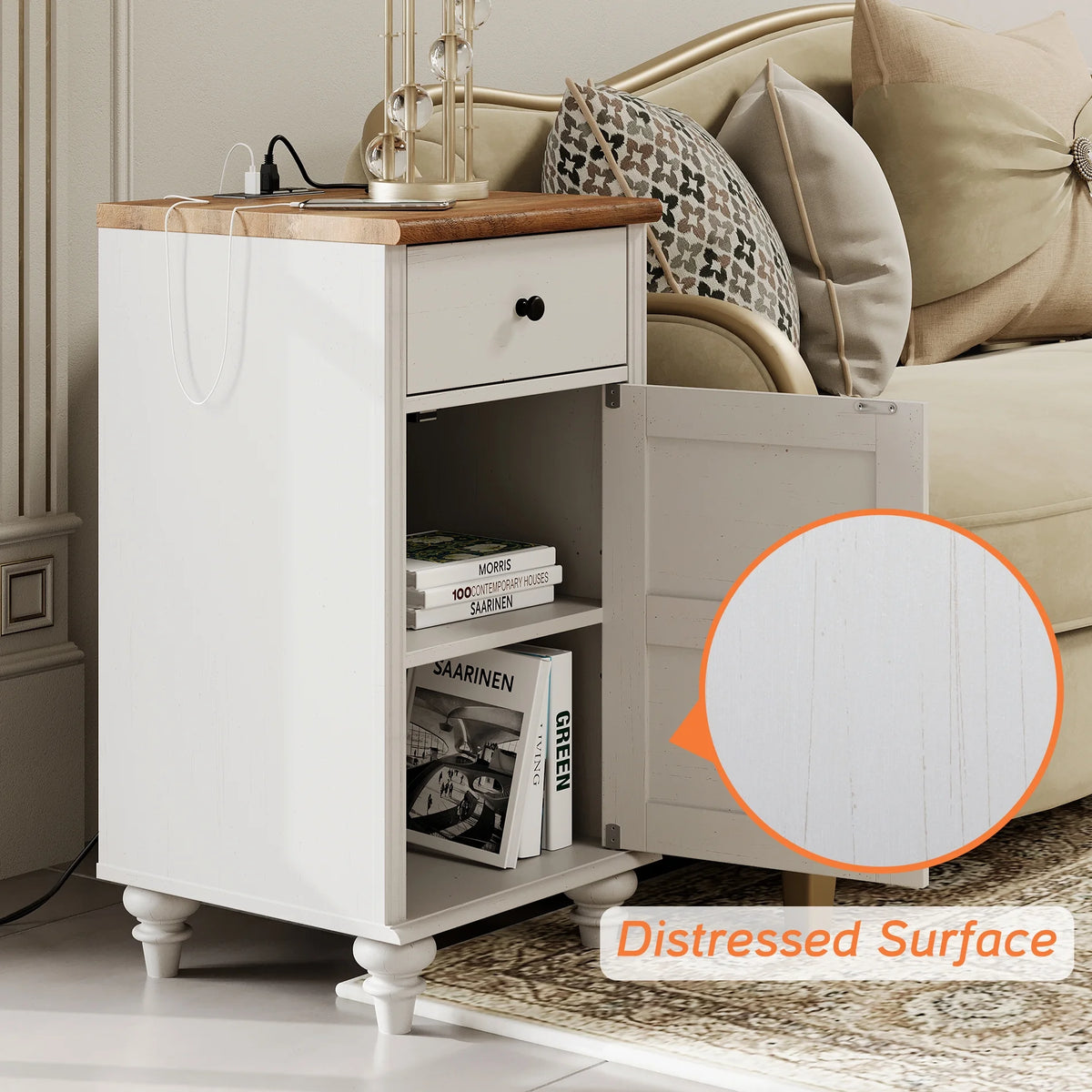 Off-White Wood Nightstand with Drawer and Charging Station B8873
