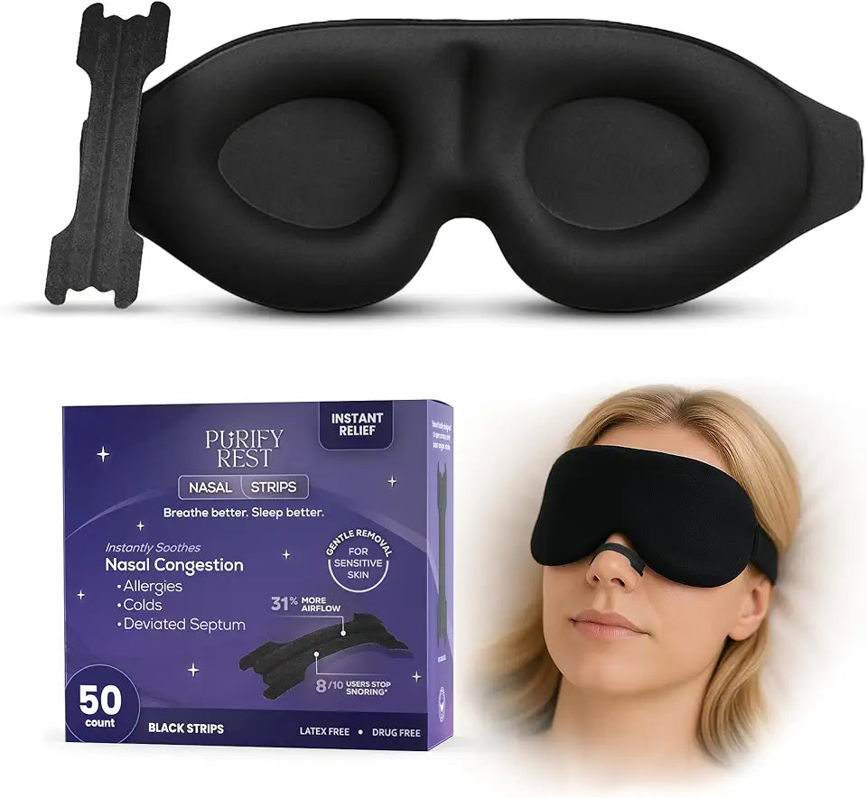 Black Sleep Mask & Nasal Strips Bundle, 50 Count 3D Contoured Light Blocking R9821