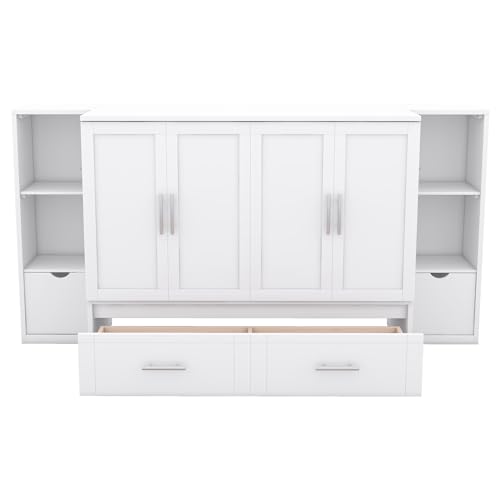 White Solid Wood Murphy Wall Bed with Storage and Bookcase Headboard O17398