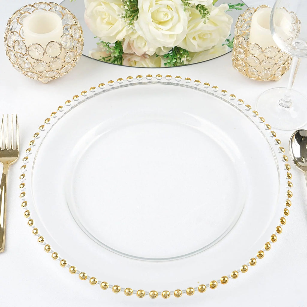 8 Clear 12" Glass Charger Plates Gold Beaded Rim W3635