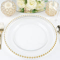 8 Clear 12" Glass Charger Plates Gold Beaded Rim W3635