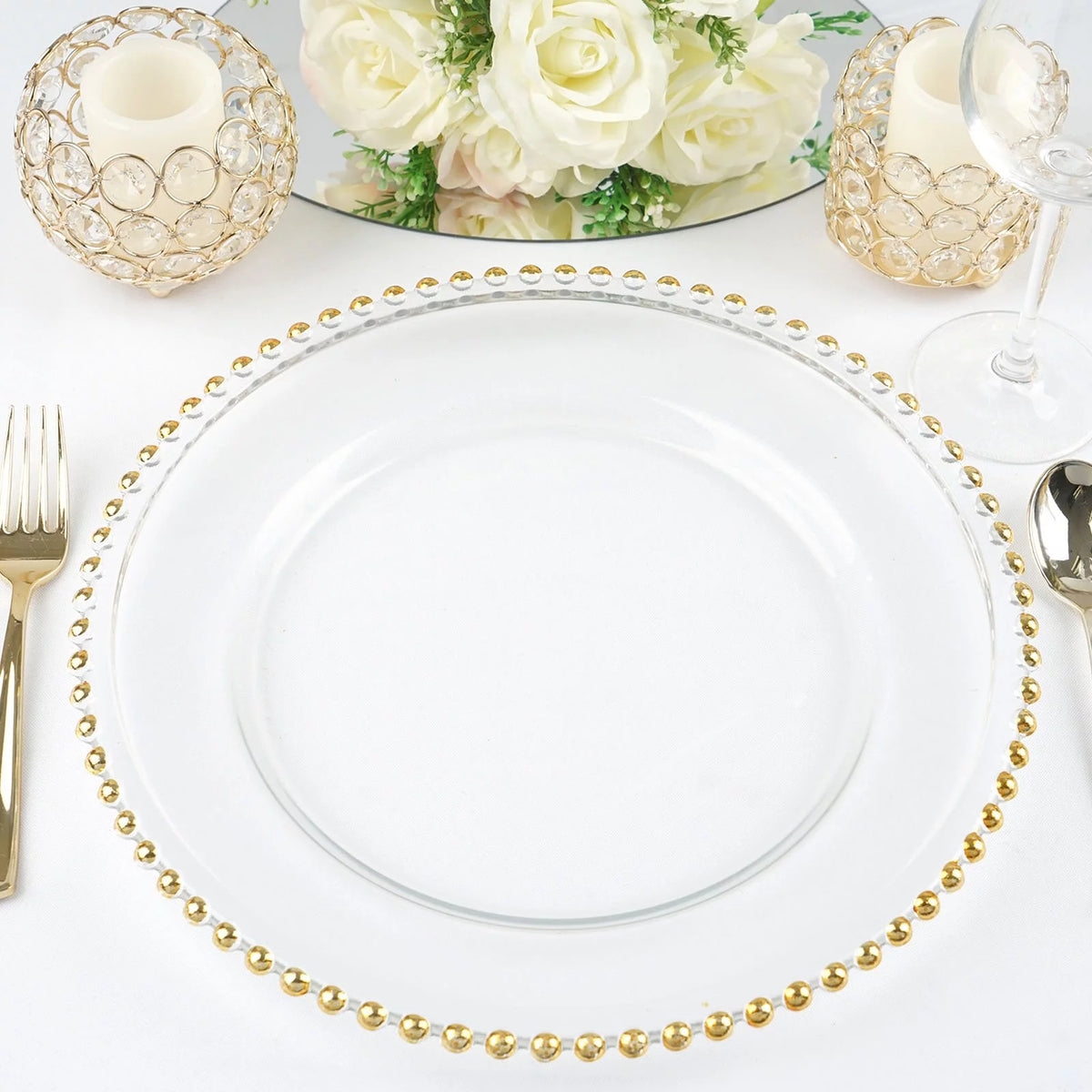 8 Clear 12" Glass Charger Plates Gold Beaded Rim W3635