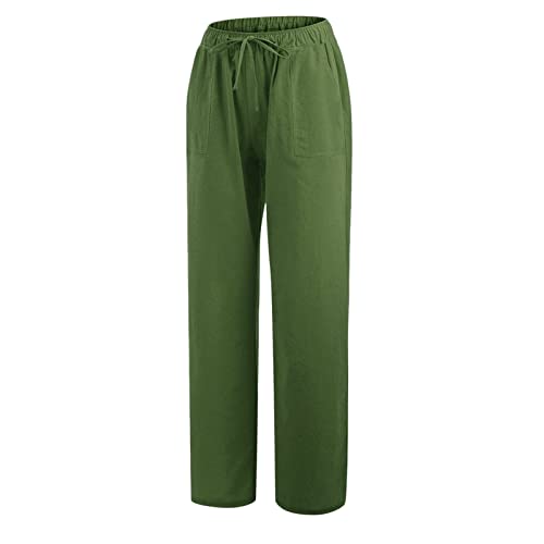 Women Linen Cotton Elastic Waist Drawstring Long Wide Leg Pants R8054