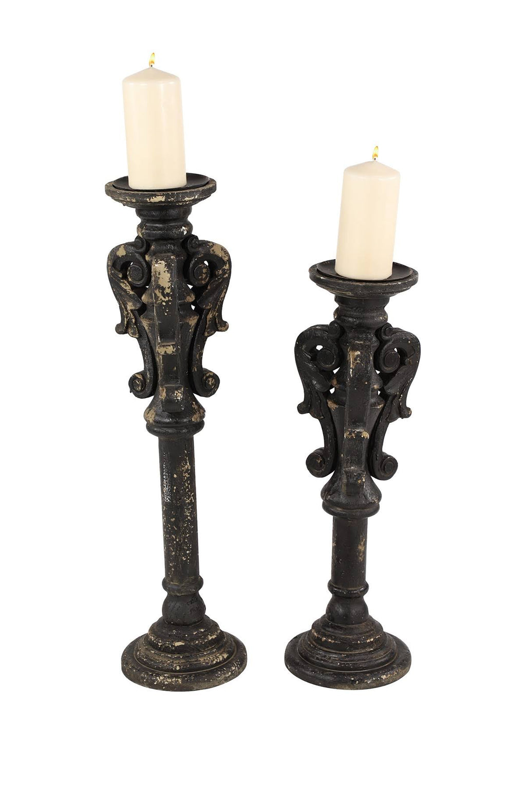 Large Black Carved Wood Candle Holders Set of 2 D4226