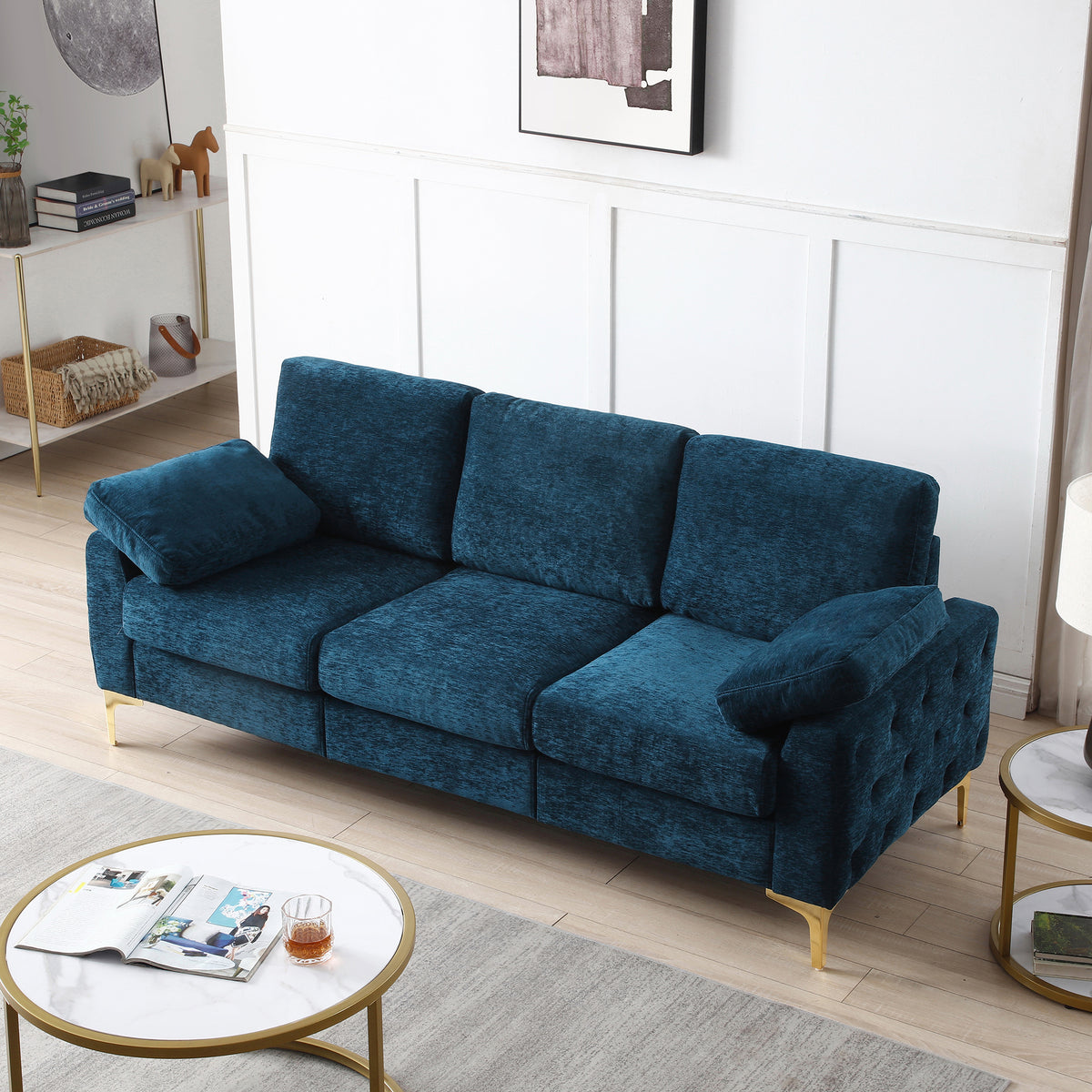 Blue Chenille Upholstered 3-Seater Couch Sofa with 2 Armrest Pillows D236