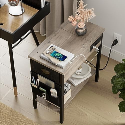 Set of 2 Black Narrow End Tables with Charging Station P28074