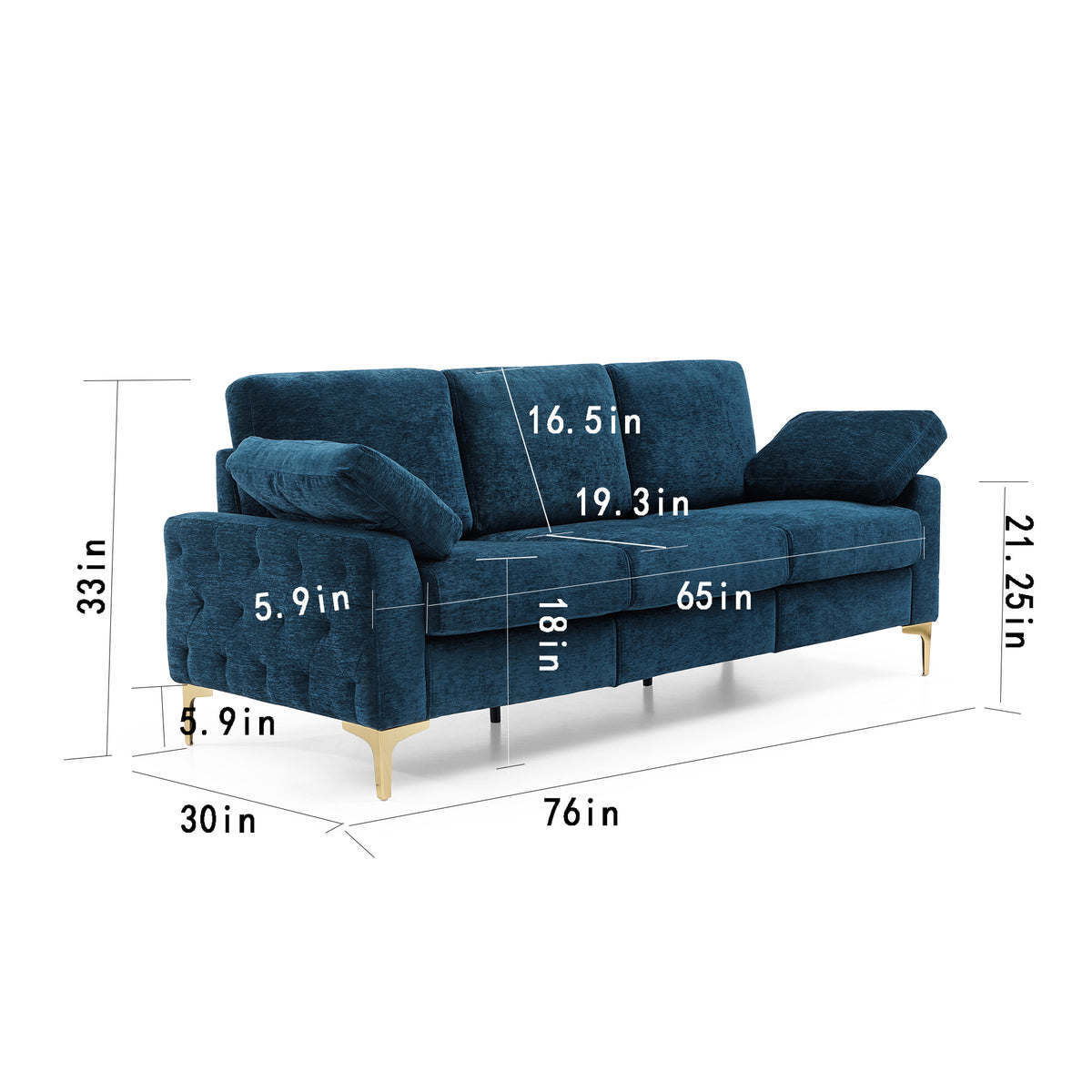 Blue Chenille Upholstered 3-Seater Couch Sofa with 2 Armrest Pillows D236