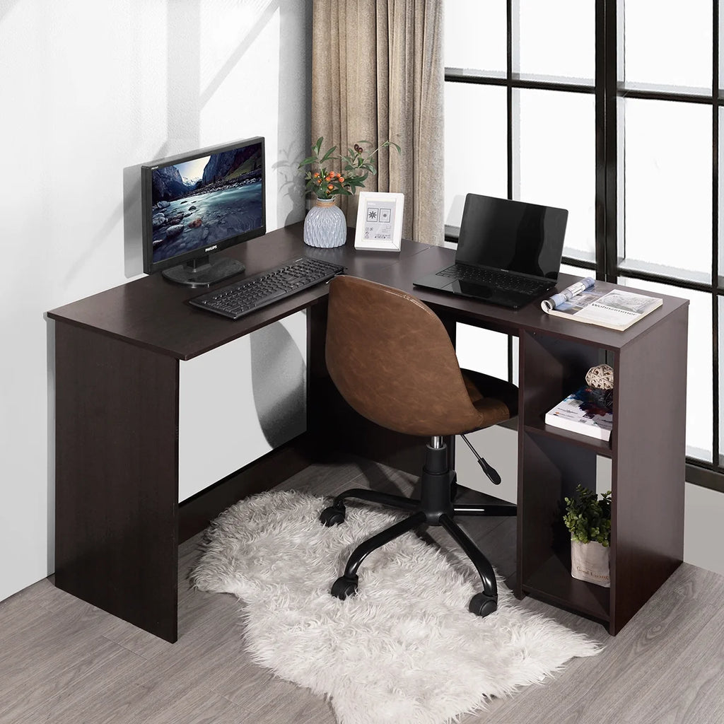 Brown L-Shaped Corner Desk with 2 Shelves A7162