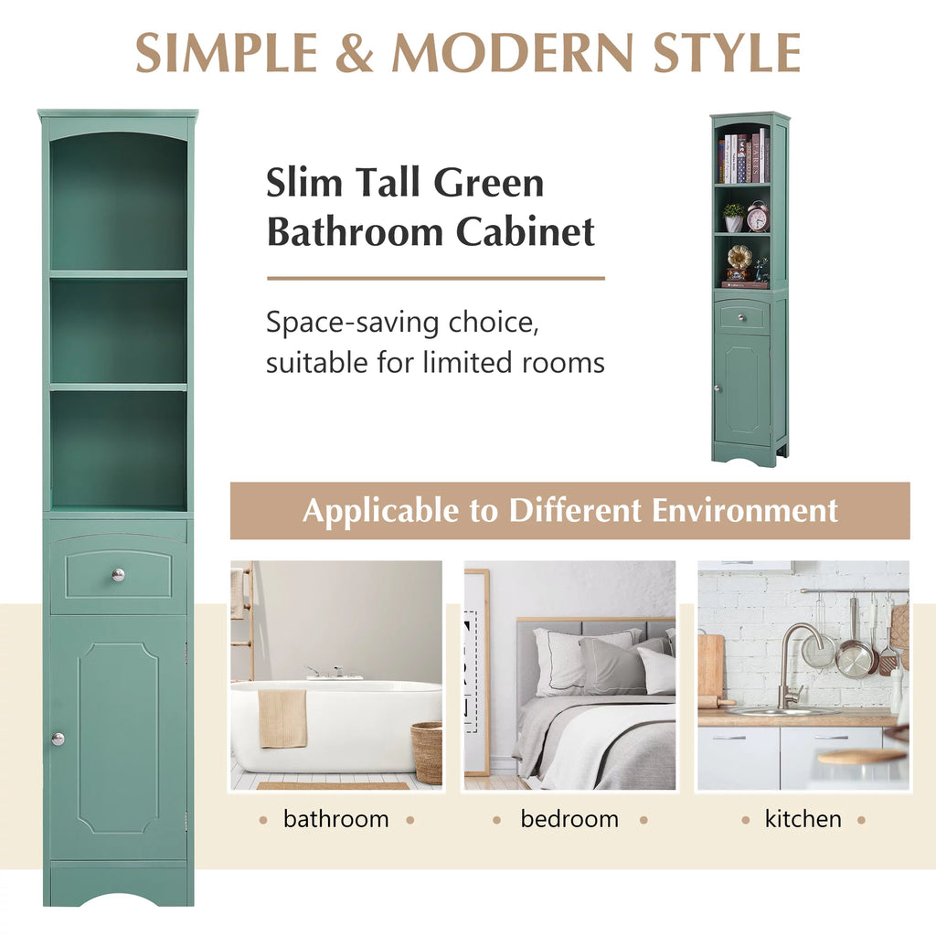 Tall Green MDF Bathroom Storage Cabinet with Drawer T1182