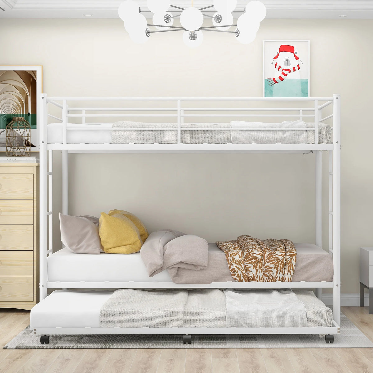 White Metal Twin over Twin Bunk Bed with Trundle G658