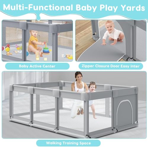 Large Baby Playpen with Soft Breathable Mesh, Grey H96505