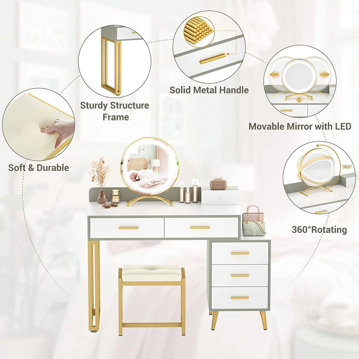 White Reversible Vanity Desk with Lighted Mirror and Stool F738694