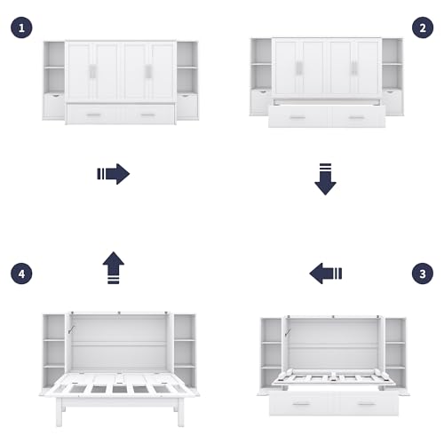 White Solid Wood Murphy Wall Bed with Storage and Bookcase Headboard O17398