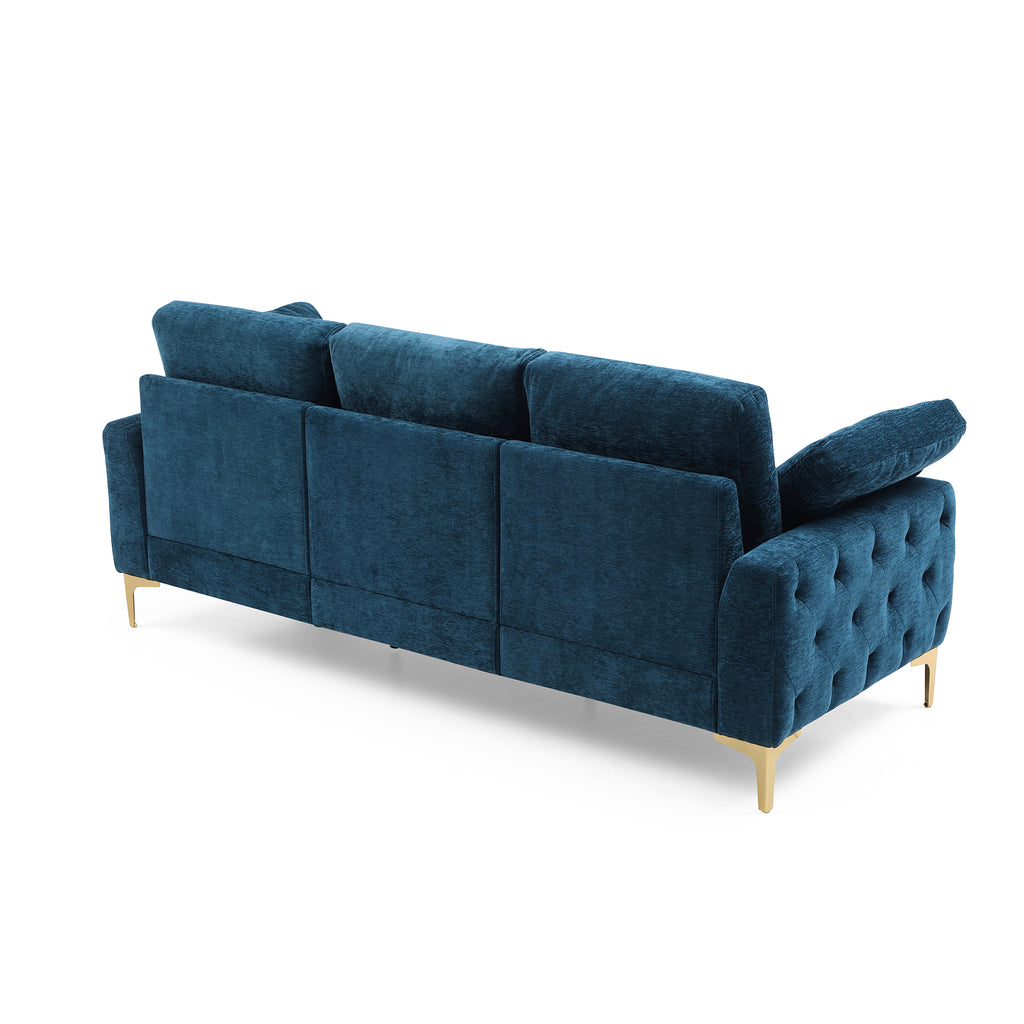 Blue Chenille Upholstered 3-Seater Couch Sofa with 2 Armrest Pillows D236
