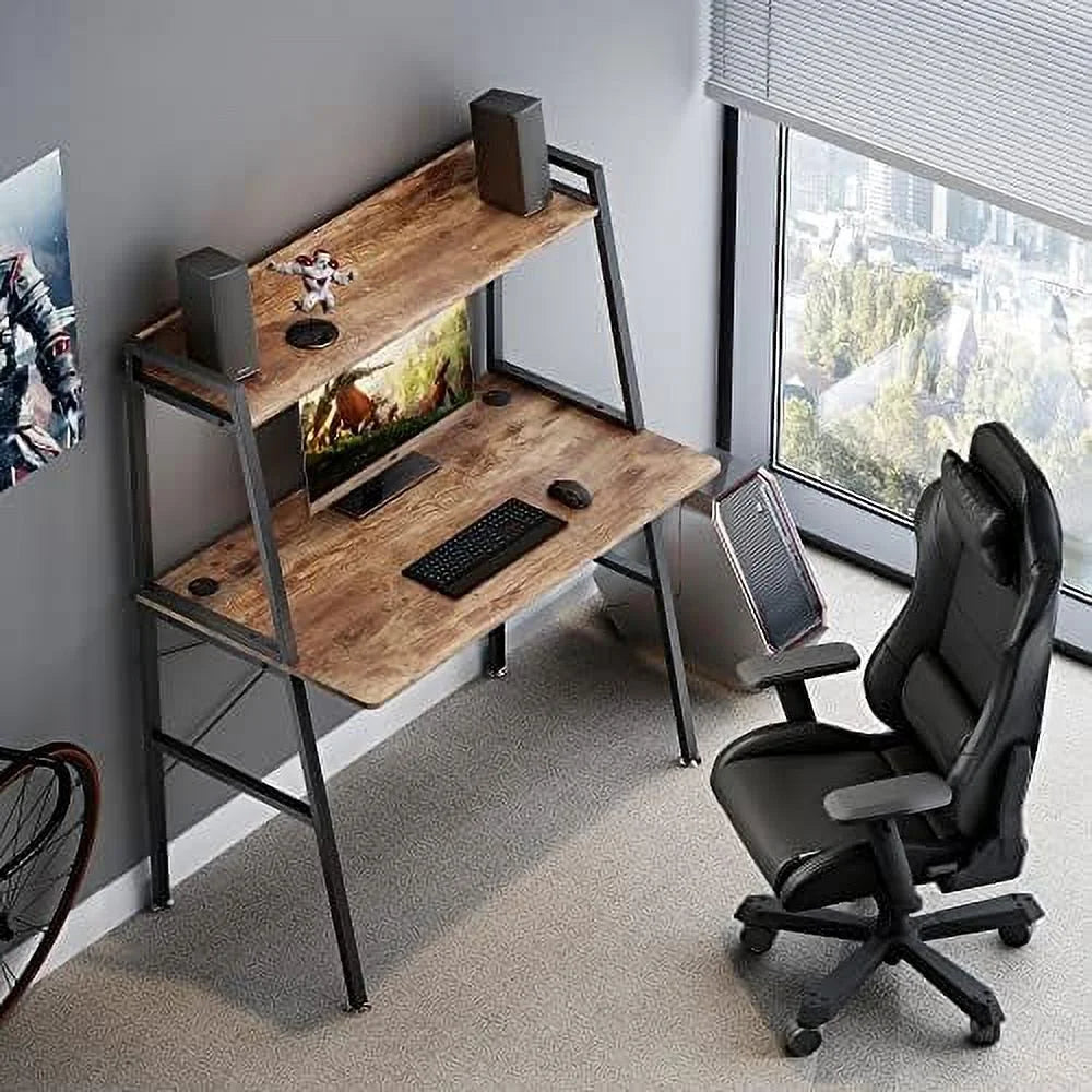 43 Inch Rustic Brown Computer Ladder Desk with Shelves L6727