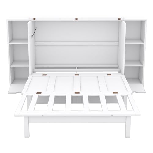White Solid Wood Murphy Wall Bed with Storage and Bookcase Headboard O17398