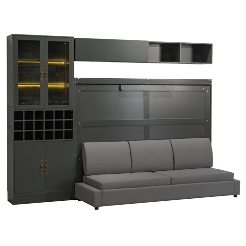 Queen Murphy Bed with Couch and Storage Shelves, Charging Station, LED Light, Wood Foldable Wall Bed Cabinet with Sofa and Storage Cabinet, Bookcase, Wine Rack (White) D3297