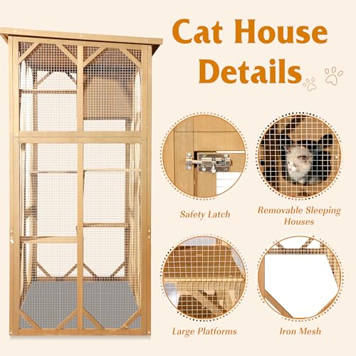 Large Outdoor Wooden Cat Enclosure with Platform and Small House B700