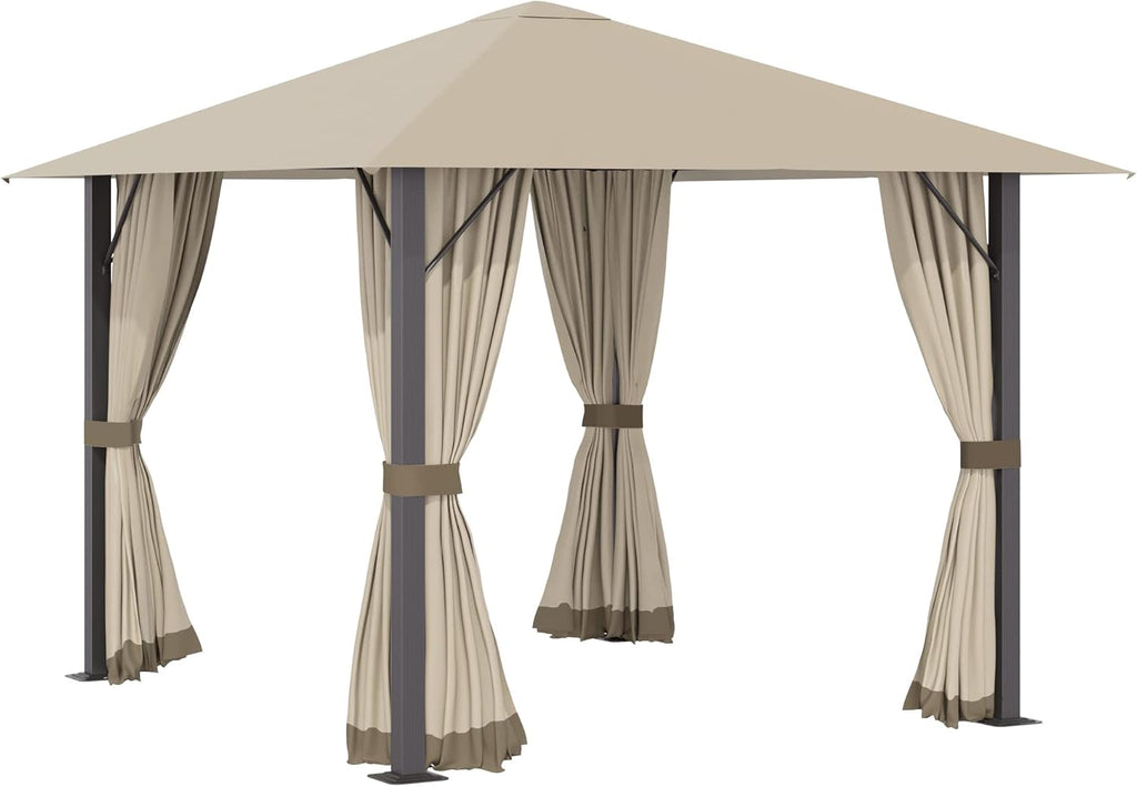 10' x 10' Patio Gazebo Aluminum Frame Canopy Shelter with Sidewalls, Vented Roof, Khaki Q67219