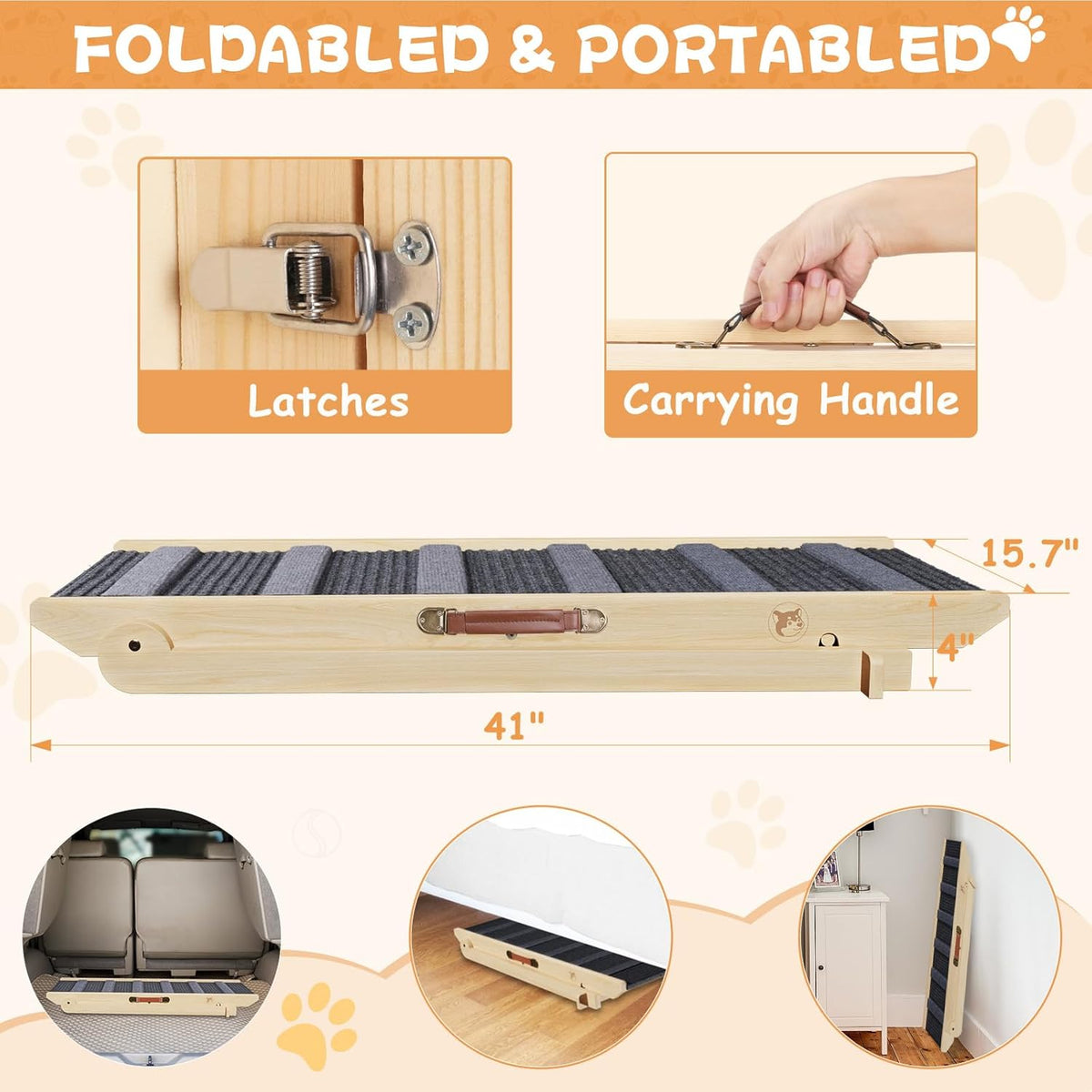Folding Wooden Pet Ramp, 7 Adjustable Height from 10.8" to 26.6", Supports Up to 200lbs K1834