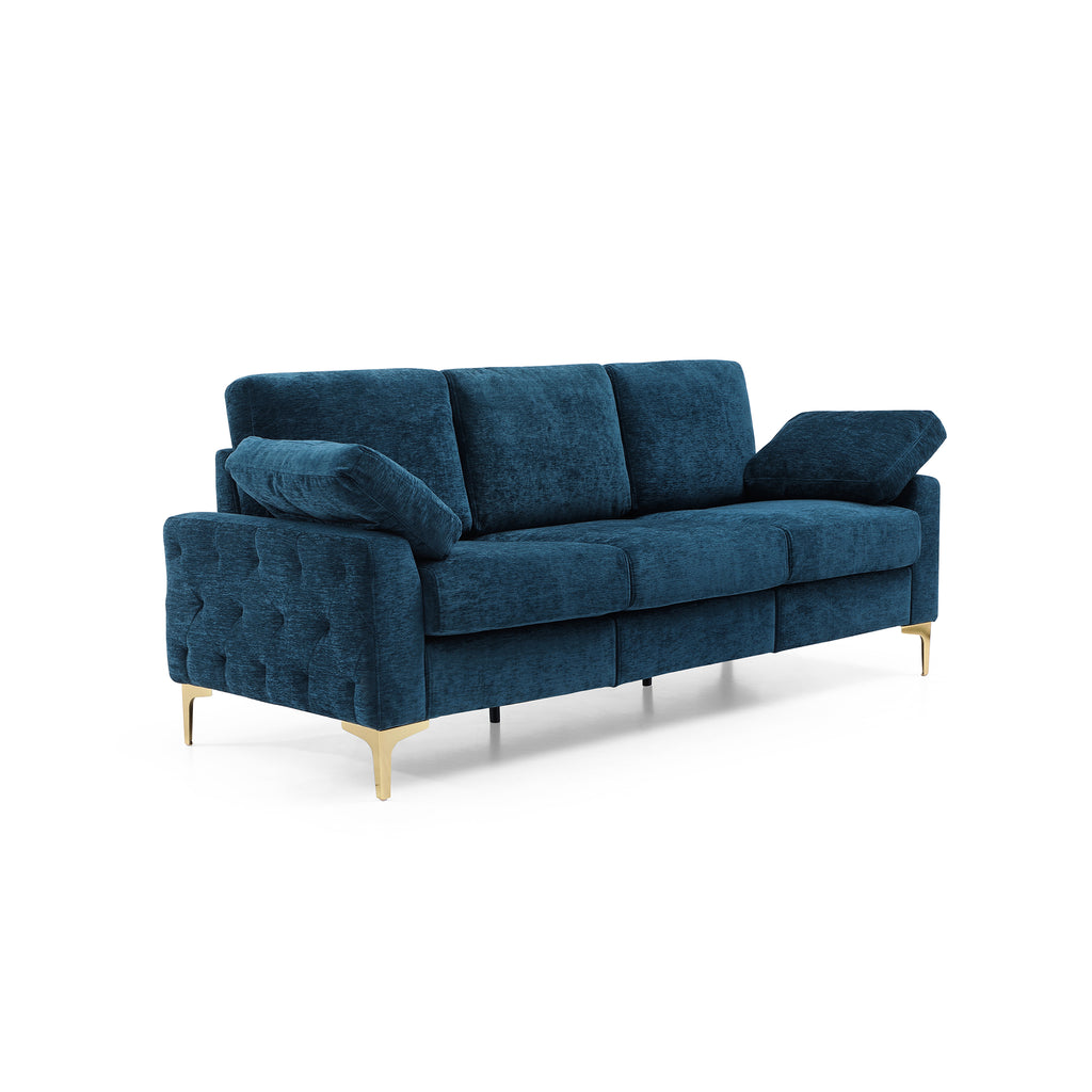 Blue Chenille Upholstered 3-Seater Couch Sofa with 2 Armrest Pillows D236