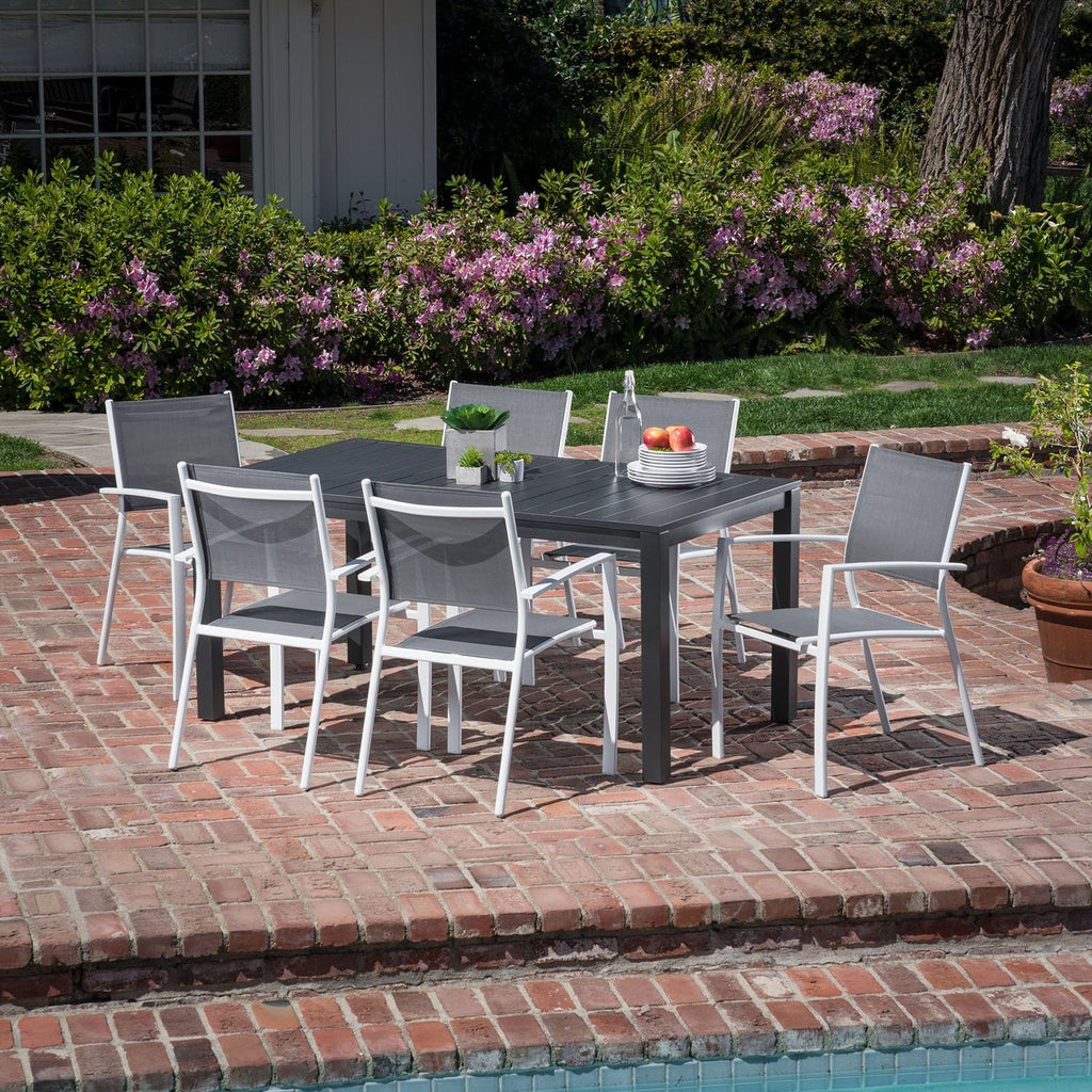 7-Piece Gray White Sling Chairs and Dining Table Outdoor Furniture C6991