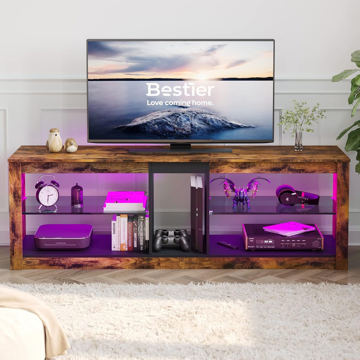 Rustic Brown 42 Inch TV Stand with Glass Shelf M64015