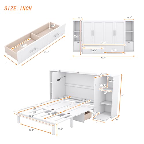 White Solid Wood Murphy Wall Bed with Storage and Bookcase Headboard O17398